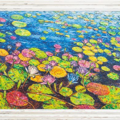 Water Lillies, in oils, "Bright Blue" (framed)